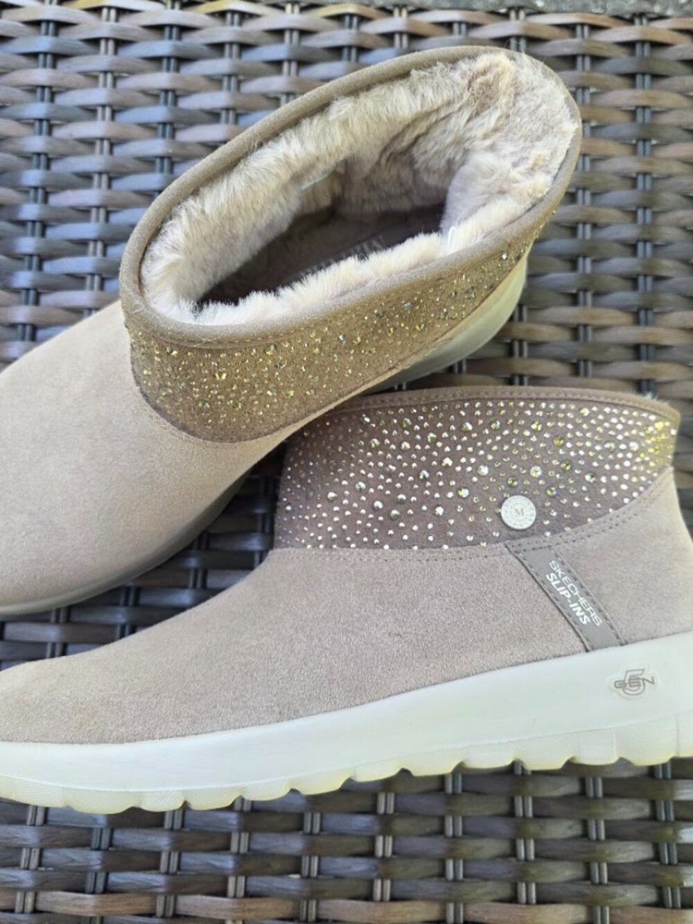Skechers x Martha Stewart Slip-Ins Rhinestone Ankle Boots Dark Taupe Size 8